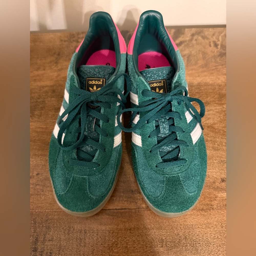 adidas Women's Green Suede Sneakers with White Stripes and Pink Accents